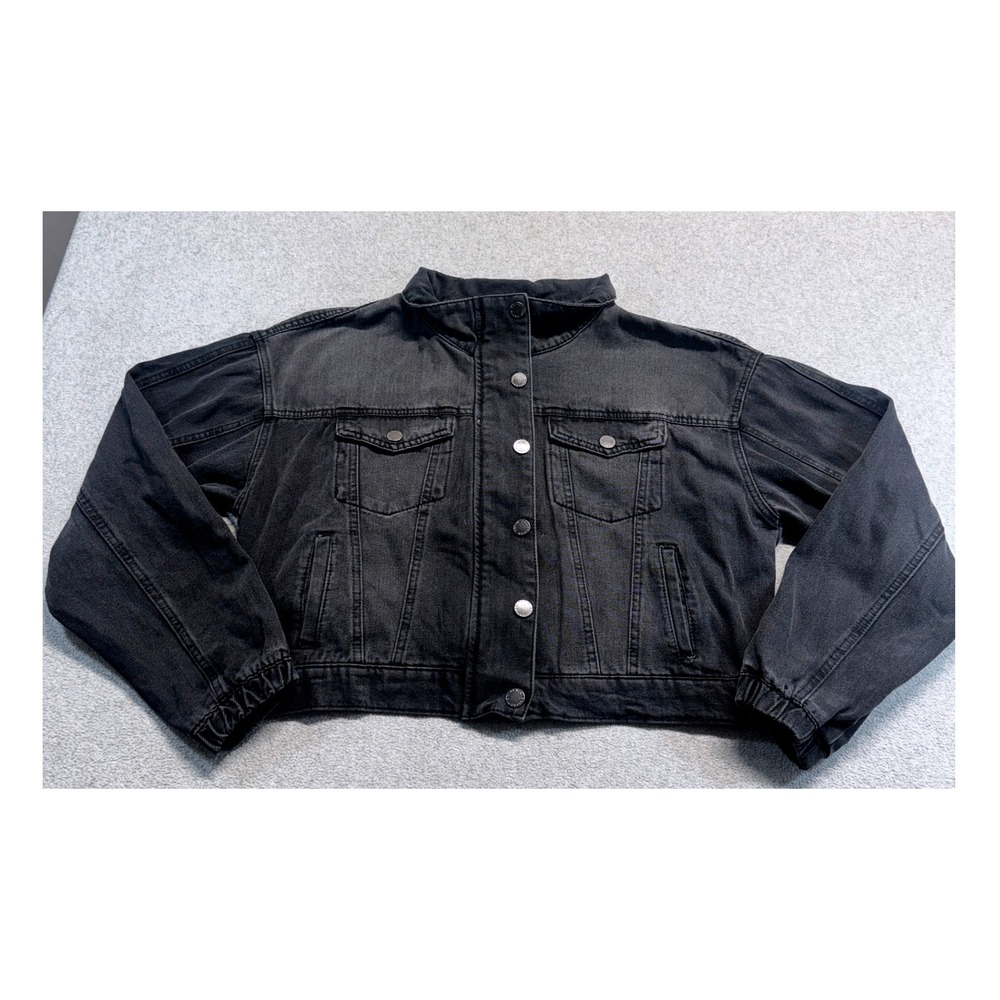 CISONO Denim Jacket Womens XL Black Cropped Trucker Snap Front Elastic Cuff Y2K